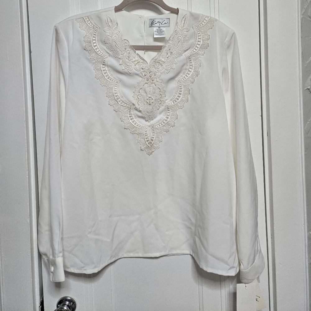 Lacy V-Neck Long-Sleeve Top in Ivory by City By City